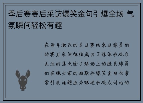 季后赛赛后采访爆笑金句引爆全场 气氛瞬间轻松有趣